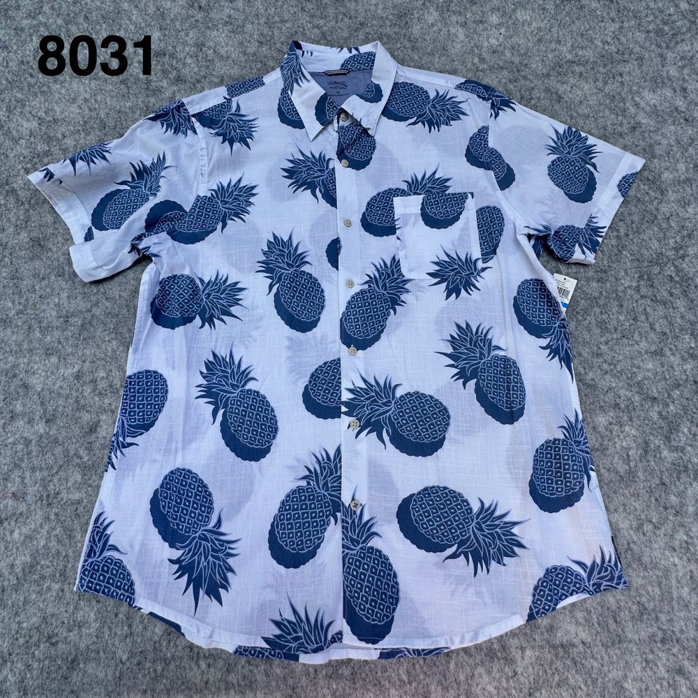 Izod Saltwater Mens XL Pineapple Print Short Sleeve Button Down Shirt Blue White